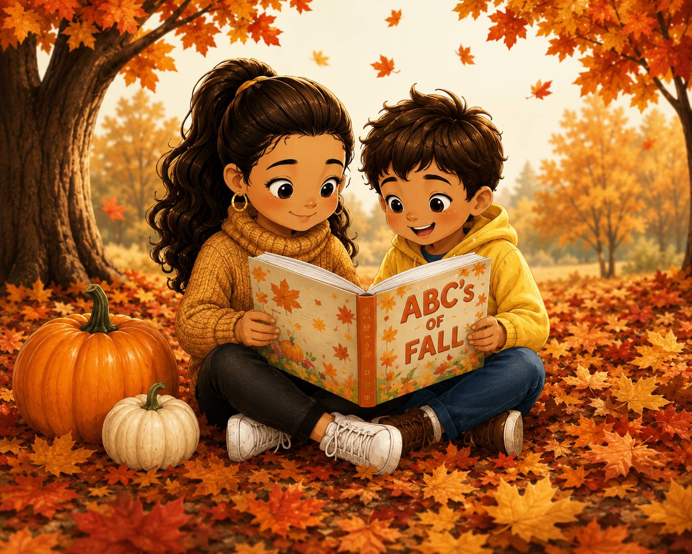 Children reading ABC's of Fall in a fall setting
