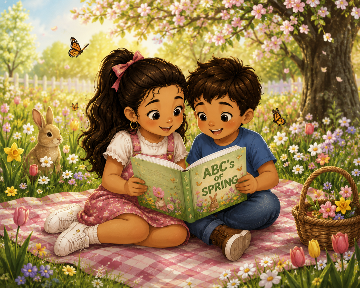 Children reading ABC's of Spring in a spring setting