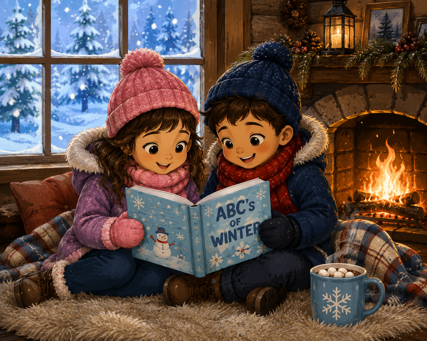 Children reading ABC's of Winter in a winter setting