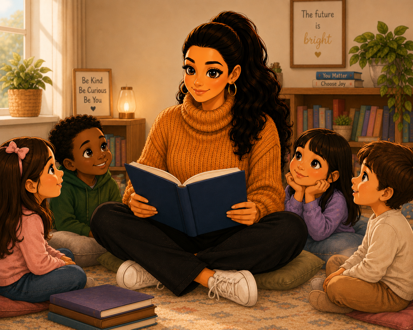 Karla reading a storybook aloud to a diverse group of children in a cozy reading nook