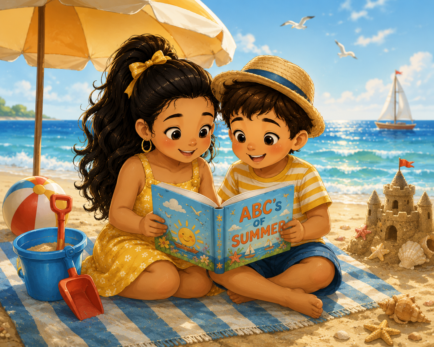 Children reading ABC's of Summer in a summer setting
