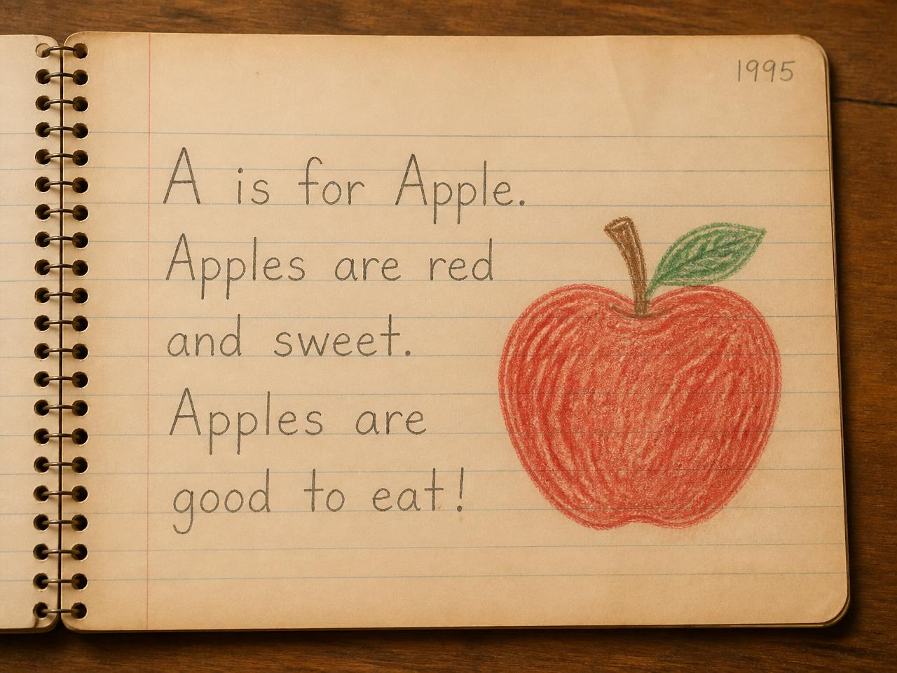 1995 handwritten A is for Apple notebook page